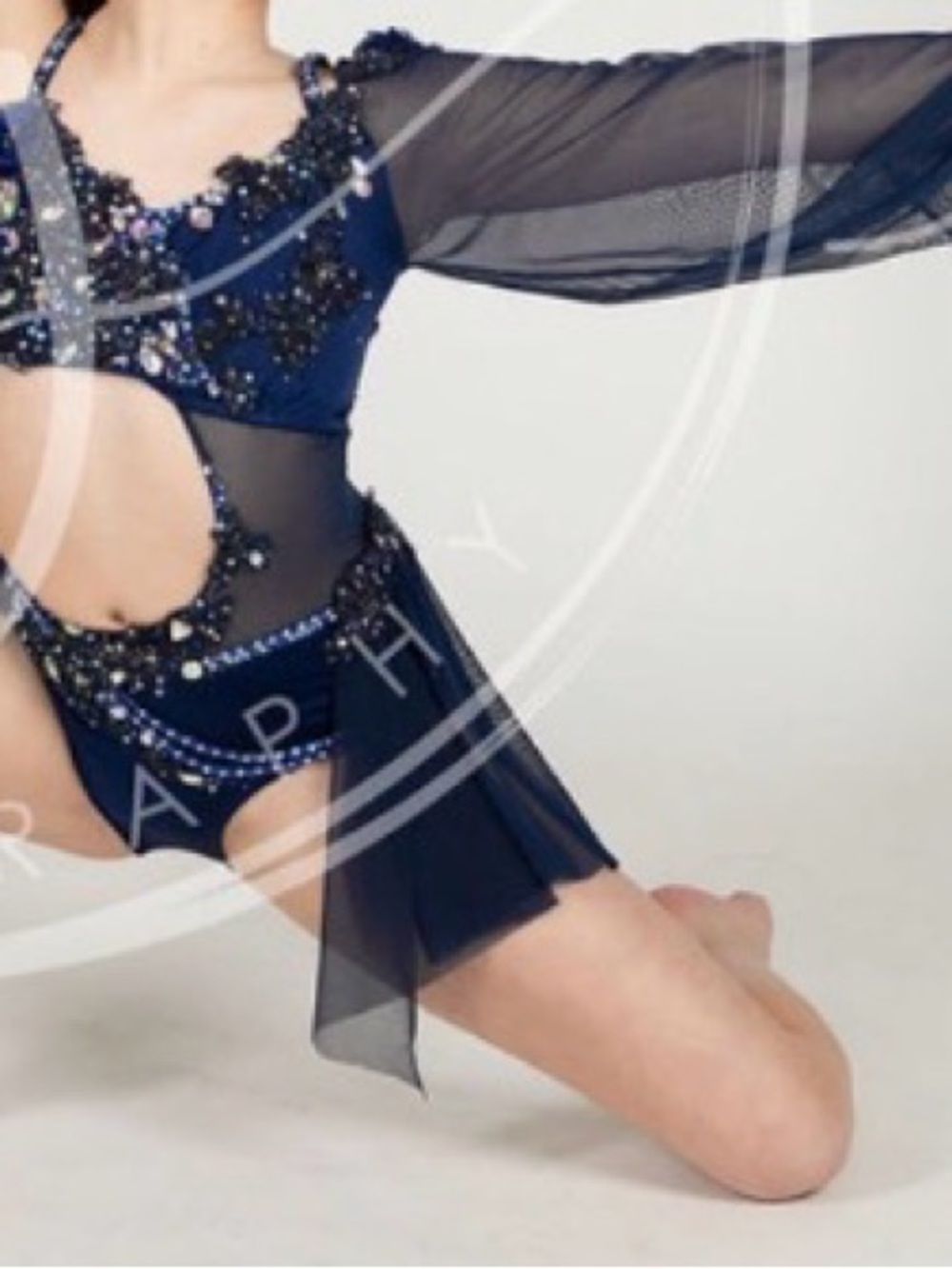 Custom Navy Sequin Mesh Dance Costume child large lots of stones